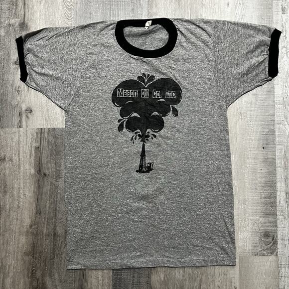 Vintage Other - VTG Mason Oil Co Inc 70s/80s Black Grey Texas Ringer T Shirt USA Large Oil Gas